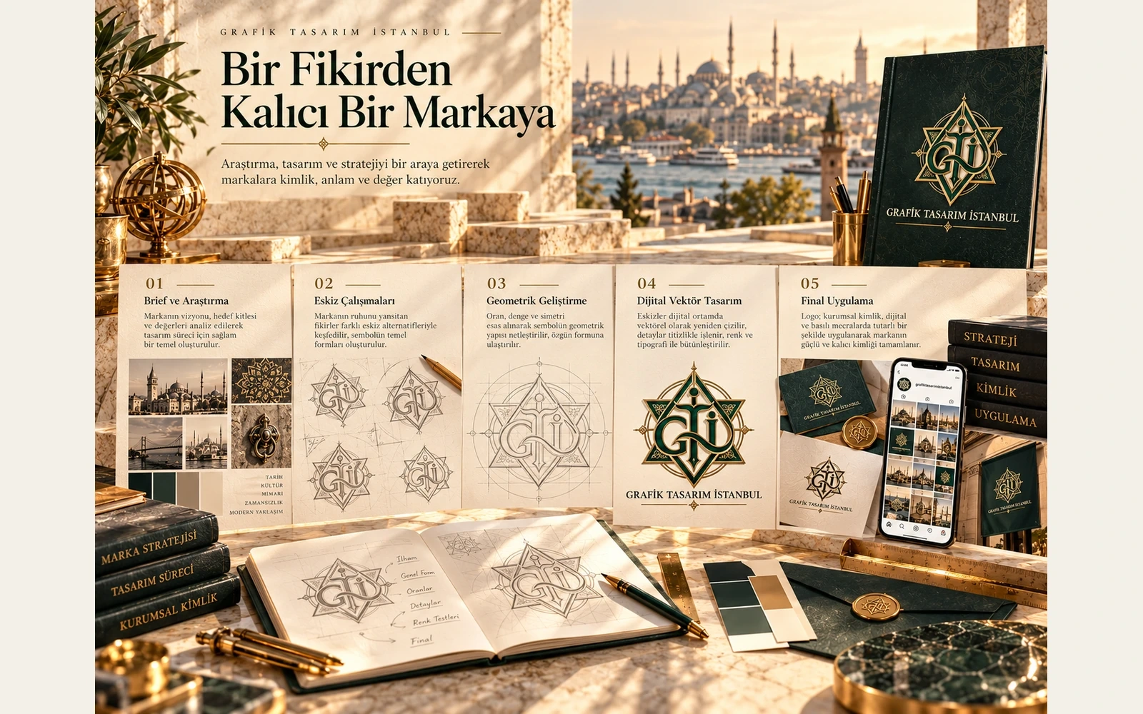 Logo tasarım sürecinin brief araştırma eskiz ve test aşamaları